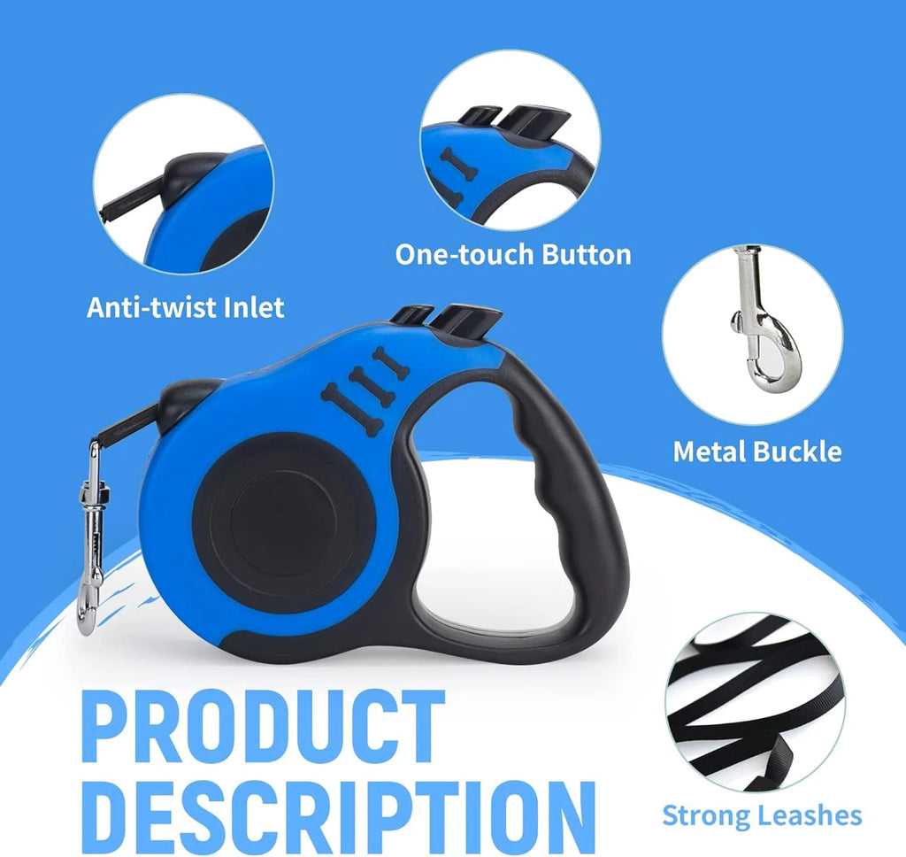 Dog Leash Automatic Telescopic Tractor Dog Tape, Pet Tape 10/16 FT Durable and Convenient, with Folding Bowl, Dispenser, Rubbish Bags, Suitable for Small and Medium Dogs