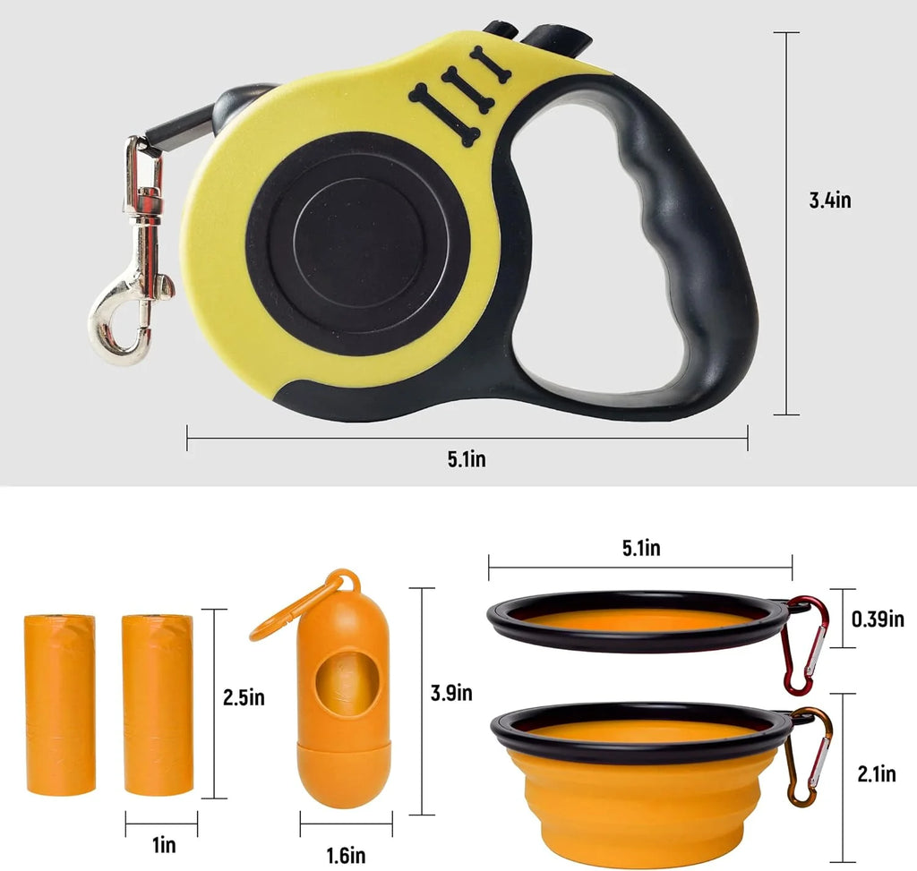 Dog Leash Automatic Telescopic Tractor Dog Tape, Pet Tape 10/16 FT Durable and Convenient, with Folding Bowl, Dispenser, Rubbish Bags, Suitable for Small and Medium Dogs