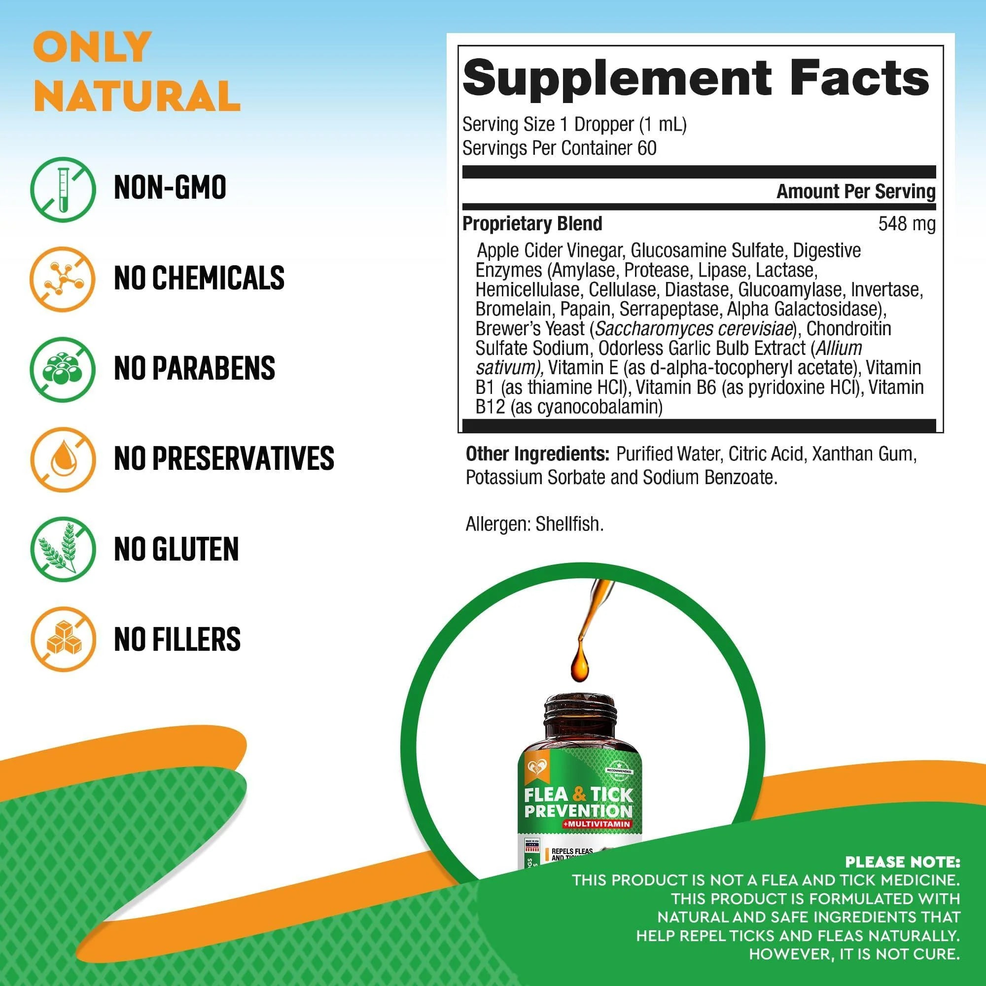 Oral Flea & Tick Prevention for Dogs and Cats Natural Flea Control and Medicine & Treatment for Small and Large Dogs Multivitamin Drops Supplements for Pets Made in USA